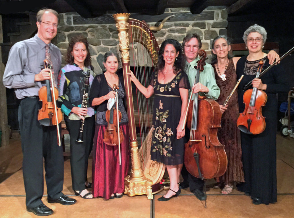 Photo courtesy Sherman Chamber Ensemble. Shown at the final Sherman Chamber Ensemble’s concert of 2015 Signature Summer Series are (from left to right): Michael Roth (violin); Jo-Ann Sternberg (clarinet); Jill Levy (violin); Stacey Shames (harp); Eliot Bailen (cello); Susan Rotholz (flute) and Sarah Adams (viola).