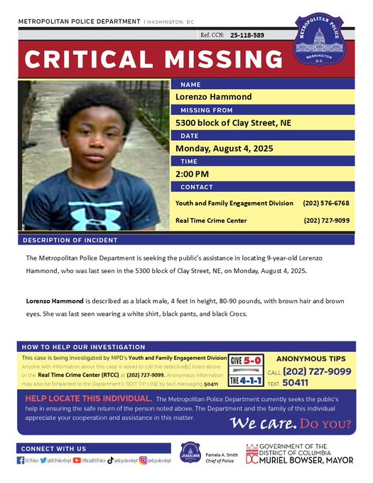 Critical Missing Child Alert: 9-Year-Old Boy Disappears in Northeast DC