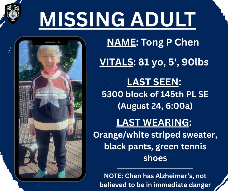 Elderly Woman With Alzheimer’s Reported Missing in Bellevue